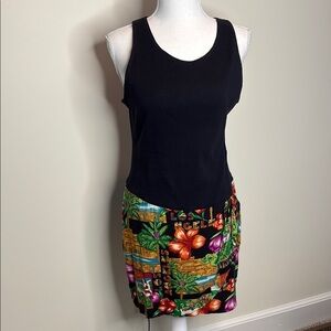DBA-LA Black Tank Top Look with Tropical Print Dress. Drop Waist. 11/12. Y2K